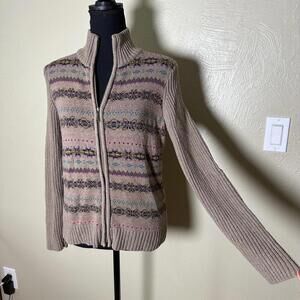 Chaps Cotton Blend Zip Cardigan Ribbed Sleeve Neutral Cottagecore Sweater